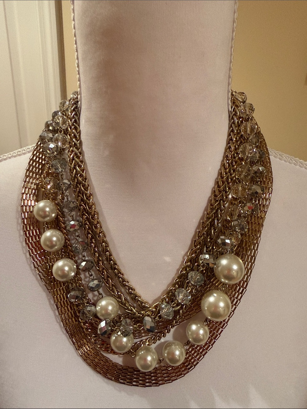 Cache Gold-Tone Multi Strand Necklace with Pearls and Crystal Beads